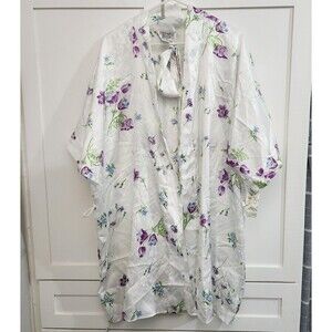Morgan Taylor Intimates Vintage White Floral Satin Robe Medium Large Boudoir